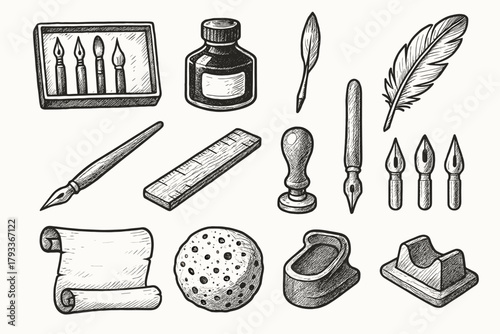 Icon wax calligraphy tools icons ink rest pen bottle vector nibs seal