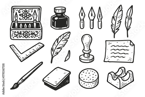 Decorative seal bottle vector icons pen nibs rest tool icon calligraphy sponge