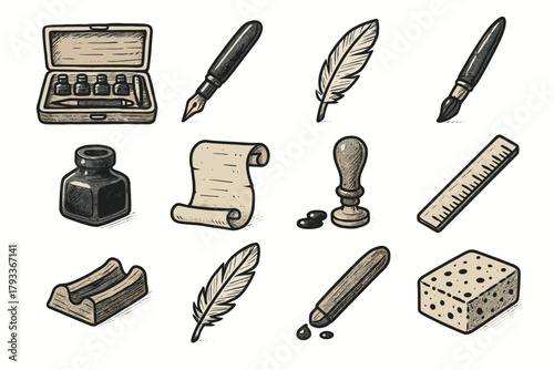 Icon set seal vector ink sponge fountain writing ruler parchment studio calligraphy