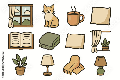 Frame icon book icons wooden curtain corner pillow vector mug peaceful window