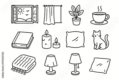 Cozy lamp cat candle icons window pillow open vector icon afternoon curtain