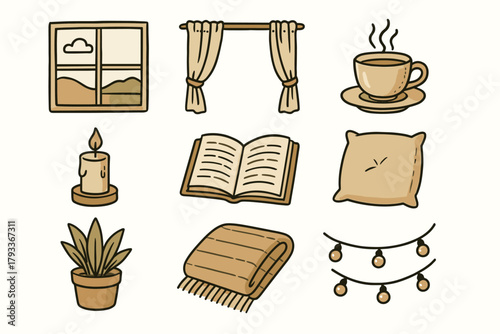 Window steaming cozy vector icon home blanket curtain view icons fairy pot