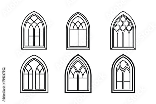 Gothic arched window frame designs line art Vector illustration