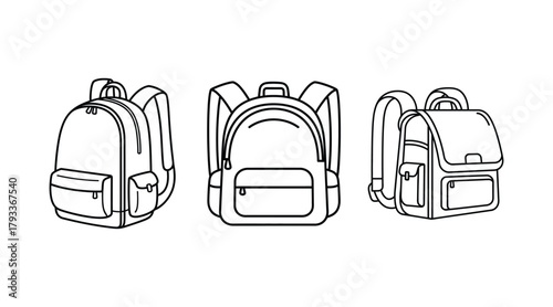 School bag collection in line art style Vector illustration
