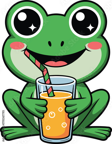 Adorable cartoon green frog sitting and happily holding a glass of orange juice with a straw isolated on transparent background