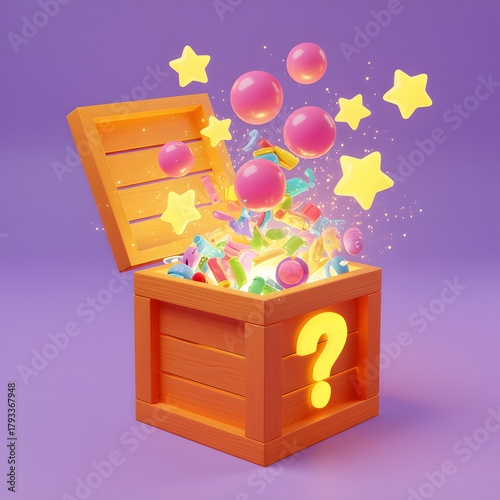 Vibrant 3D Rendered Illustration of an Open Orange Wooden Crate Marked with a Glowing Yellow Question Mark, Overflowing with Candy, Stars, and Pink Bubbles