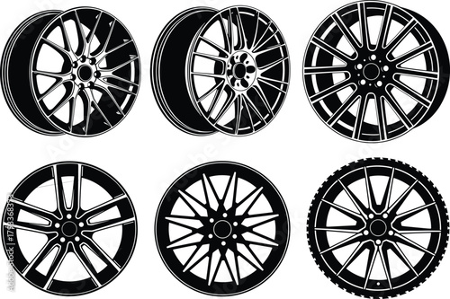 Six black and white car wheel designs automobile wheel, car wheel, automobile wheel, rim, alloy wheel, tire, wheel rim, automotive, vehicle, transport, transportation, mechanical, engineering, design,