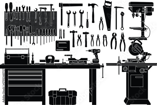 Workshop tools and equipment collection silhouette, tools, workshop, equipment, workbench, drill, saw, hammer, pliers, wrenches, screwdrivers, toolbox, vise, pegboard, industrial, diy, construction, r