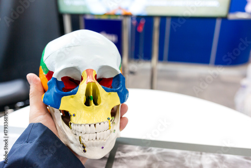 A man holds a human skull in his hand.