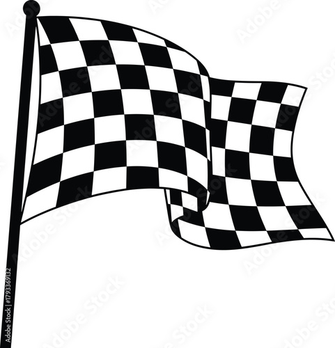 Black and white checkered racing flag waving on pole, checkered flag, racing flag, finish line, motorsport, speed, competition, victory, win, black and white, graphic, illustration, symbol, sport, rac