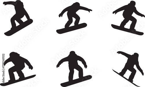 Six Snowboarder Silhouettes on White Background snowboarding