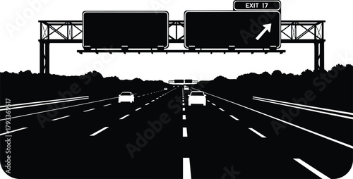 Black and white highway with exit sign and cars road, highway, road, traffic, cars, exit, sign, transportation, travel, journey, speed, asphalt, lanes, white lines, black and white, silhouette, overhe