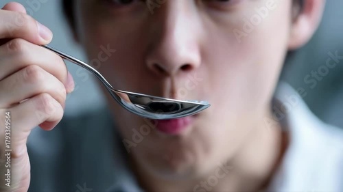 Bright Blue Pharmaceutical Supplement Granules Consumed From Metallic Spoon