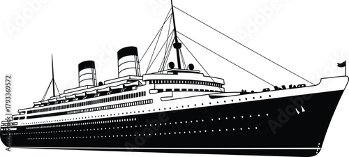 Black and white illustration of a large ocean liner, ship, ocean liner, cruise ship, liner, boat, vessel, transport, travel, nautical, maritime, sea, water, transportation, vintage, retro, classic, hi