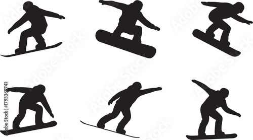 Six Black Silhouettes of Snowboarders in Action snowboarding