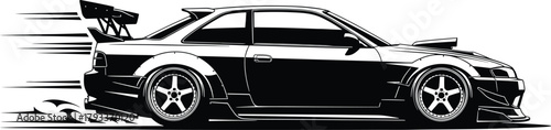 Black and white illustration of a sports car with a spoiler, car, sports car, vehicle, automobile, transportation, speed, motion, racing, drift, wing, spoiler, wheels, rims, tires, black and white, mo