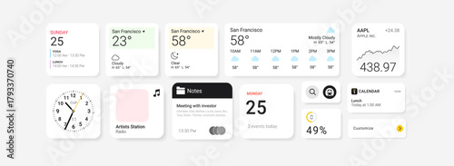 Clean iOS-style widget dashboard with weather, calendar, stock, notes, clock, and radio UI blocks. Minimalist white background and light neumorphic card layout for mobile productivity preview.