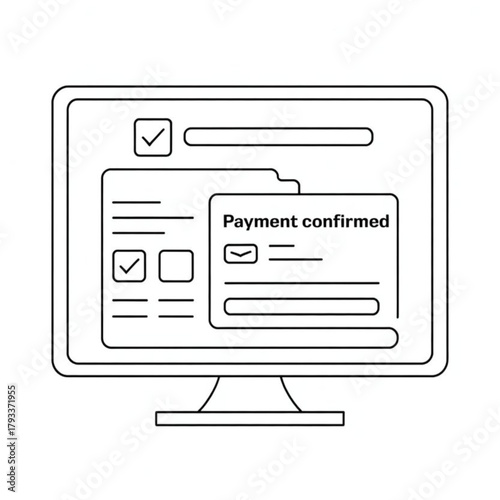 Computer screen displaying a payment confirmation with checkboxes and an envelope icon on white background.