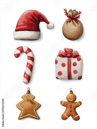 Set of 6 gouache Christmas illustrations: Santa hat, reindeer, gift, gingerbread man, candy cane, ornament, muted tones on white background