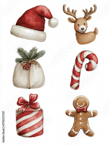 Set of 6 gouache Christmas illustrations: Santa hat, reindeer, gift, gingerbread man, candy cane, ornament, muted tones on white background