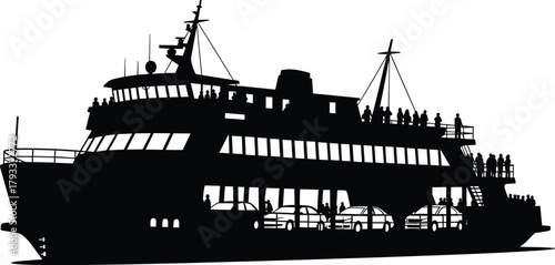 Black silhouette of a car ferry with passengers and vehicles, ferry, boat, ship, transportation, vehicle, car, passenger, silhouette, black and white, water transport, travel, journey, maritime, nauti
