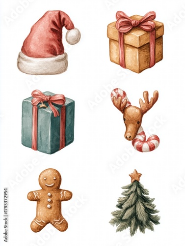 Set of 6 gouache Christmas illustrations: Santa hat, reindeer, gift, gingerbread man, candy cane, ornament, muted tones on white background