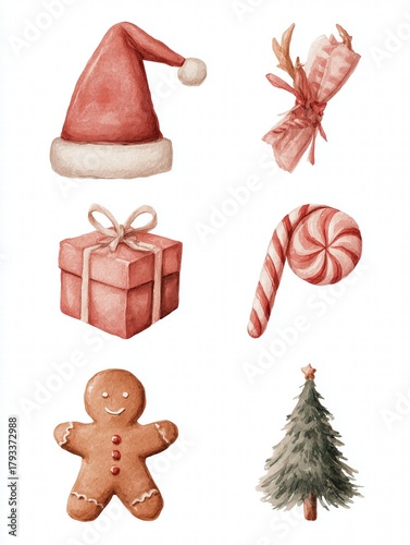 Set of 6 gouache Christmas illustrations: Santa hat, reindeer, gift, gingerbread man, candy cane, ornament, muted tones on white background