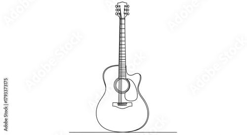 Elegant acoustic guitar illustration with continuous line drawing technique perfect for creative