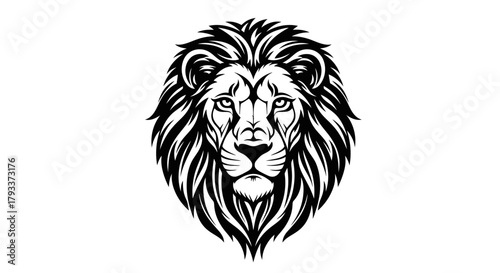 Striking monochromatic illustration of a majestic lion head with a dense mane