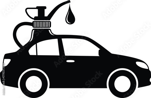 Black silhouette of a car with oil can pouring liquid, car, automobile, vehicle, oil can, pouring, liquid, drop, service, maintenance, repair, transport, transportation, black and white, silhouette, i