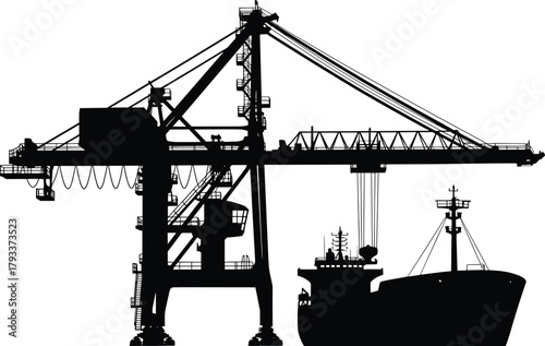 Black silhouette of a gantry crane loading a cargo ship, gantry crane, cargo ship, port, harbor, shipping, logistics, industrial, machinery, silhouette, black and white, transportation, import, export