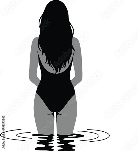 Woman in black swimsuit standing in water with ripples minimalist vector illustration design 