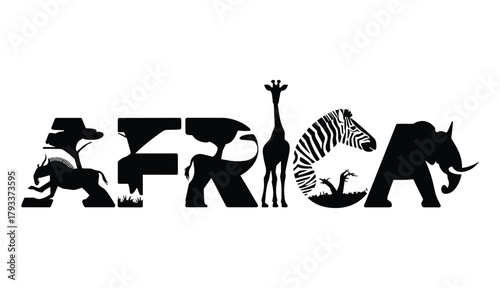 African wildlife silhouettes forming word art animal elephant.