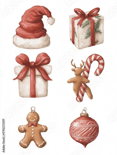 Set of 6 gouache Christmas illustrations: Santa hat, reindeer, gift, gingerbread man, candy cane, ornament, muted tones on white background