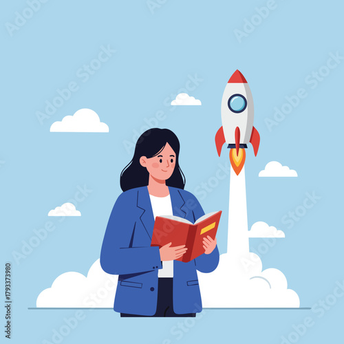 Woman reading book with rocket launching in background educational concept inspiration vector illustration 