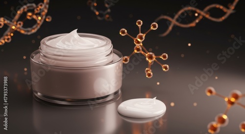 Advanced molecular skincare jar visualizing scientific beauty innovation