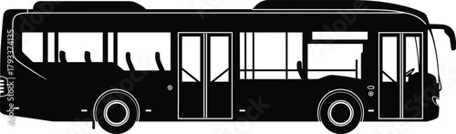 Black silhouette of a modern city bus public transport, bus, city bus, public transport, transportation, vehicle, silhouette, black and white, graphic, icon, illustration, modern, urban, travel, commu