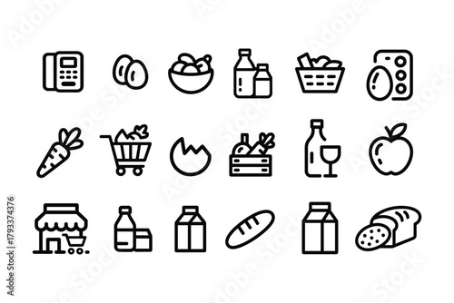Collection of grocery and food icons. Grocery, food, shopping, icons, telephone, eggs, fruit, bowl, milk, bottles, basket.
