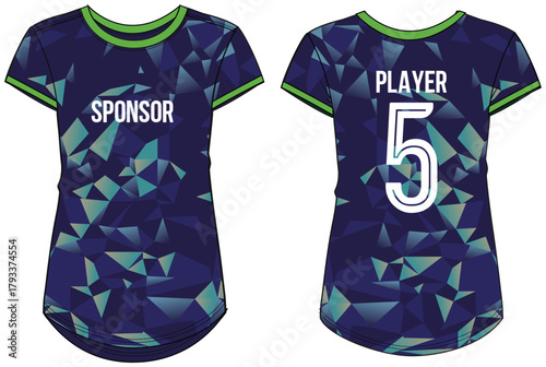 Women Sport Jersey t-shirt design flat sketch Illustration, Geometric pattern Round neck t shirt for girls and Ladies Volleyball jersey, Football, badminton, Soccer and netball, Sport uniform kit