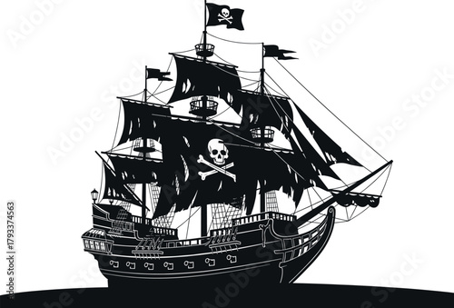 Black silhouette of a pirate ship with Jolly Roger flag, pirate ship, sailing ship, black silhouette, jolly roger, skull and crossbones, flag, mast, sails, rigging, ocean, sea, water, adventure, explo