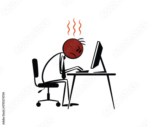 Frustrated stick figure overwhelmed by computer work desk.