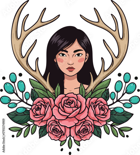Woman with antlers surrounded by pink roses and green leaves floral nature vector illustration 