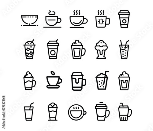 Set of hot and cold beverages in cups and glasses coffee, tea, drink, hot, cold, ice, straw, steam.