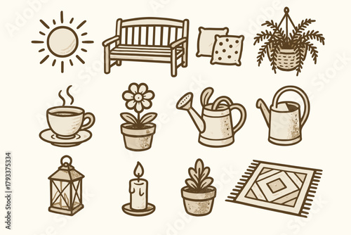 Vector tea garden bench hanging icons veranda pot sunny icon flower cushions