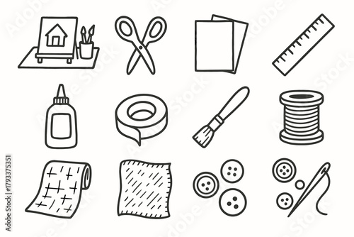 Tools craft vector scissors tape glue roll brush thread collection icon paper