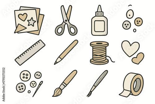 Crafts buttons spool vector paper needle icon pencil icons table glue craft