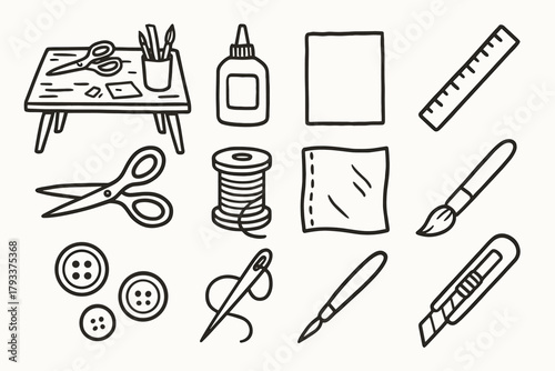 Glue buttons craft ruler icon table brush vector needle cutter thread fabric