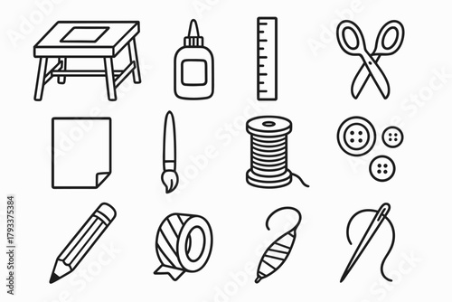 Washi scissors buttons craft icons table pencil paper glue vector icon brush
