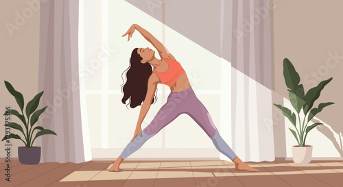 Beautiful Latin Woman Doing Yoga Extended Triangle Pose in Sunny Room
