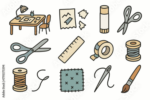 Icon stick fabric glue desk craft vector cozy patch scraps paper tools